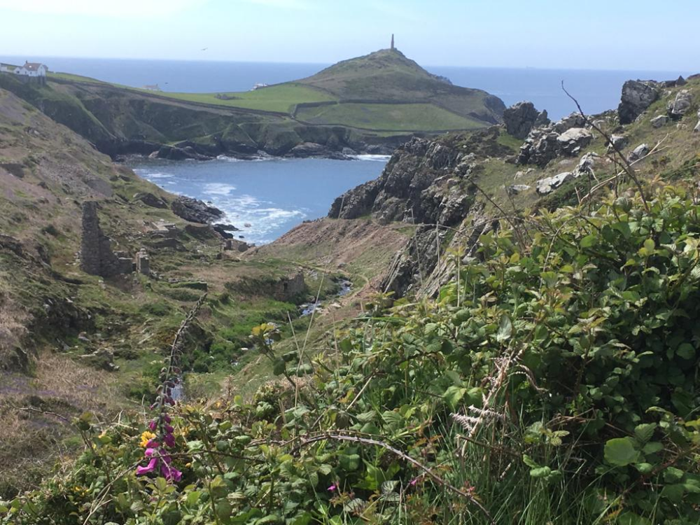 View from a coastal path overlooking a rocky bay, with ruins and wildflowers in the foreground, green hills and a headland jutting into the sea in the background.