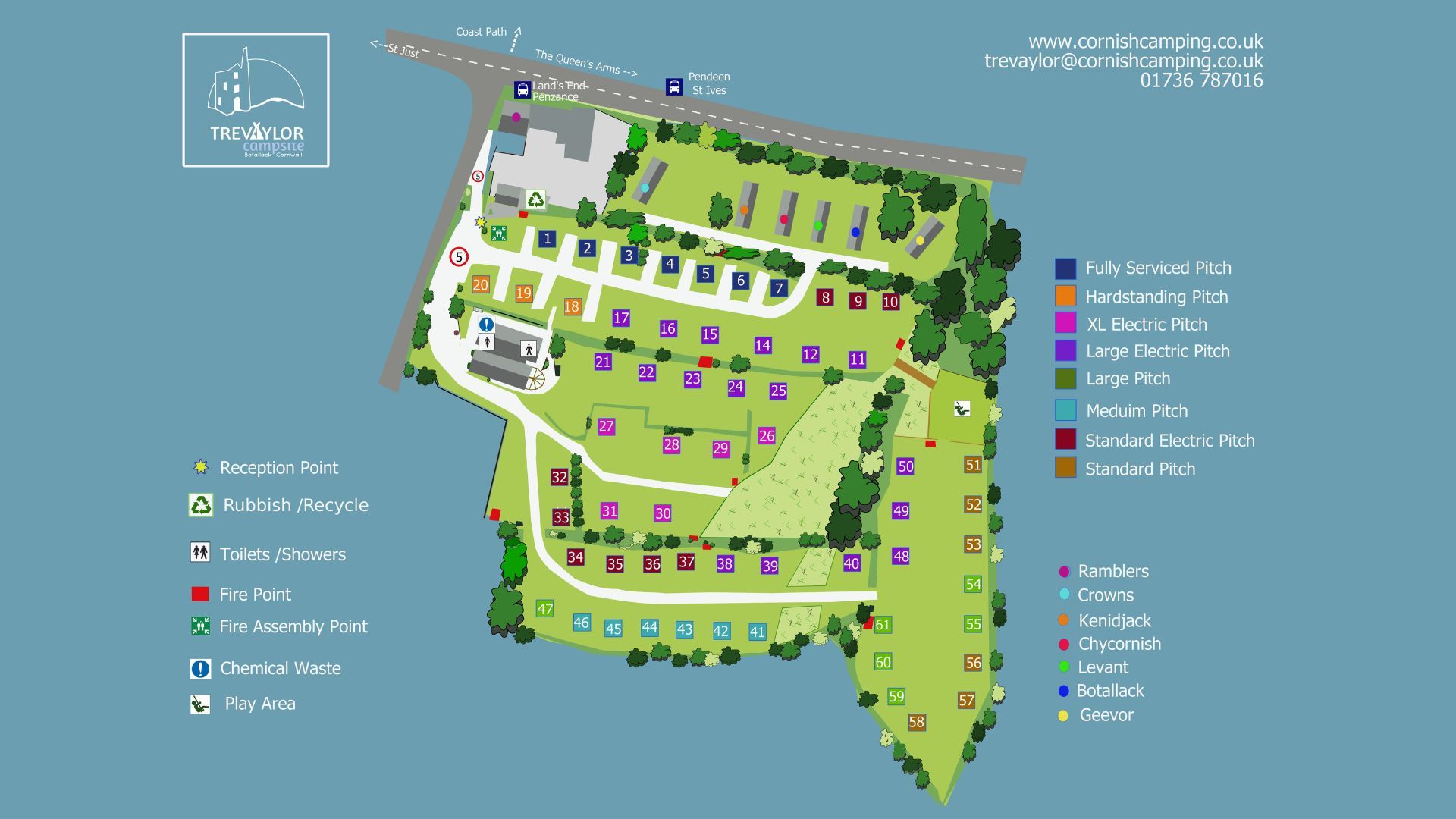 Map of Trevaylor campsite showing pitches, facilities, and legend for pitch types and locations.