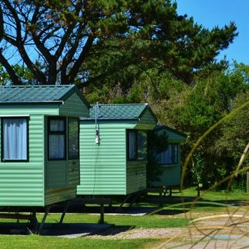 Row of green holiday caravans surrounded by trees and greenery