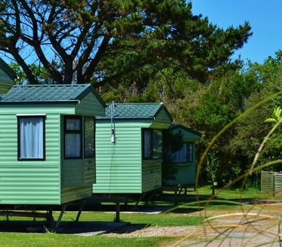 Row of green holiday caravans surrounded by trees and greenery