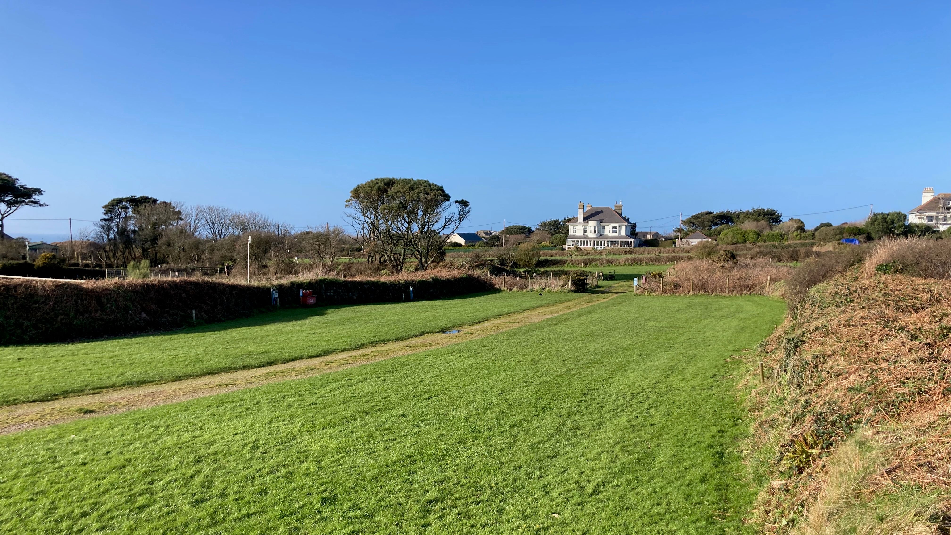 A green grassy field with a dirt path, bordered by hedges and trees, with a large house in the background under a clear blue sky.