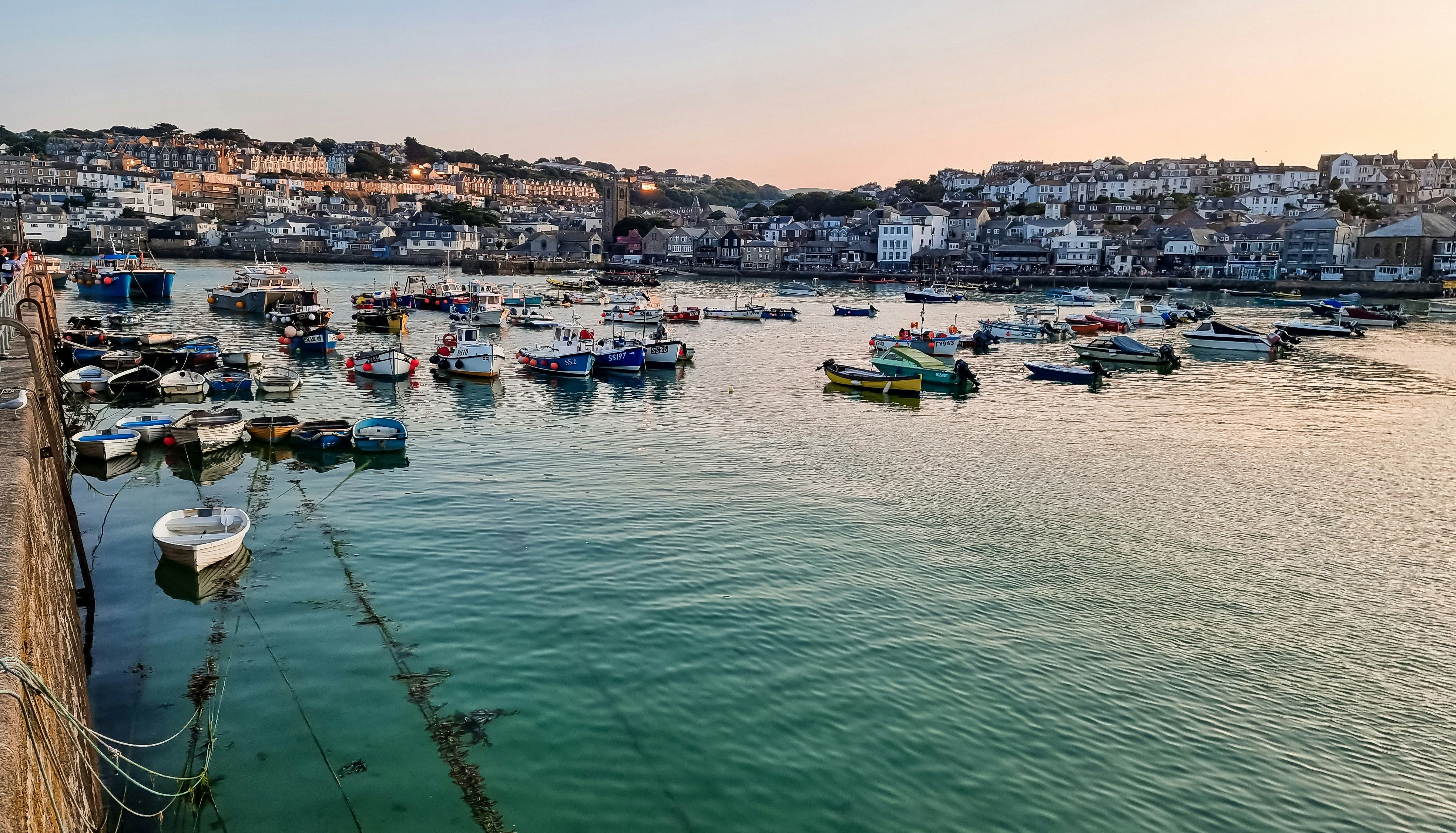 View of a harbor with many boats floating on the water and houses on the hills in the background at sunset.