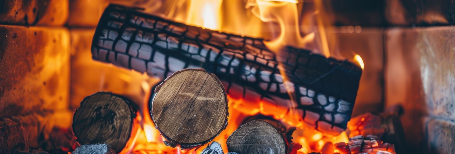 Close-up of burning logs in a fireplace with bright flames and glowing embers