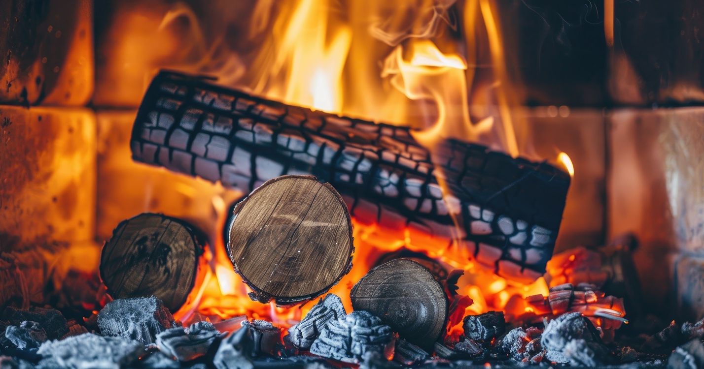 Close-up of burning logs in a fireplace with bright flames and glowing embers