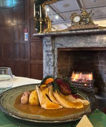 Plate of roast turkey with vegetables and sauce on a table in front of a lit fireplace in an ornate dining room.