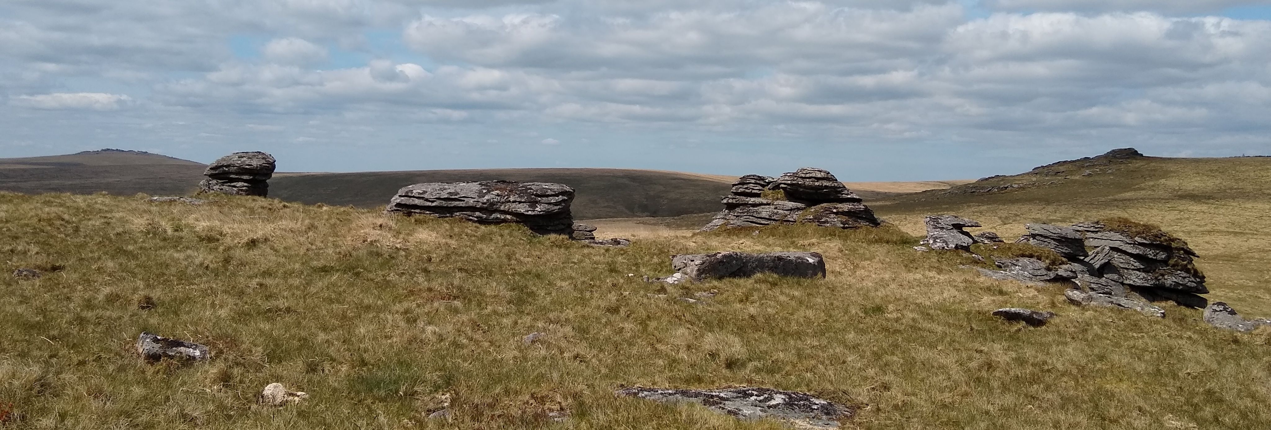 Rocky outcrop on grassy moorland under a blue sky with scattered clouds