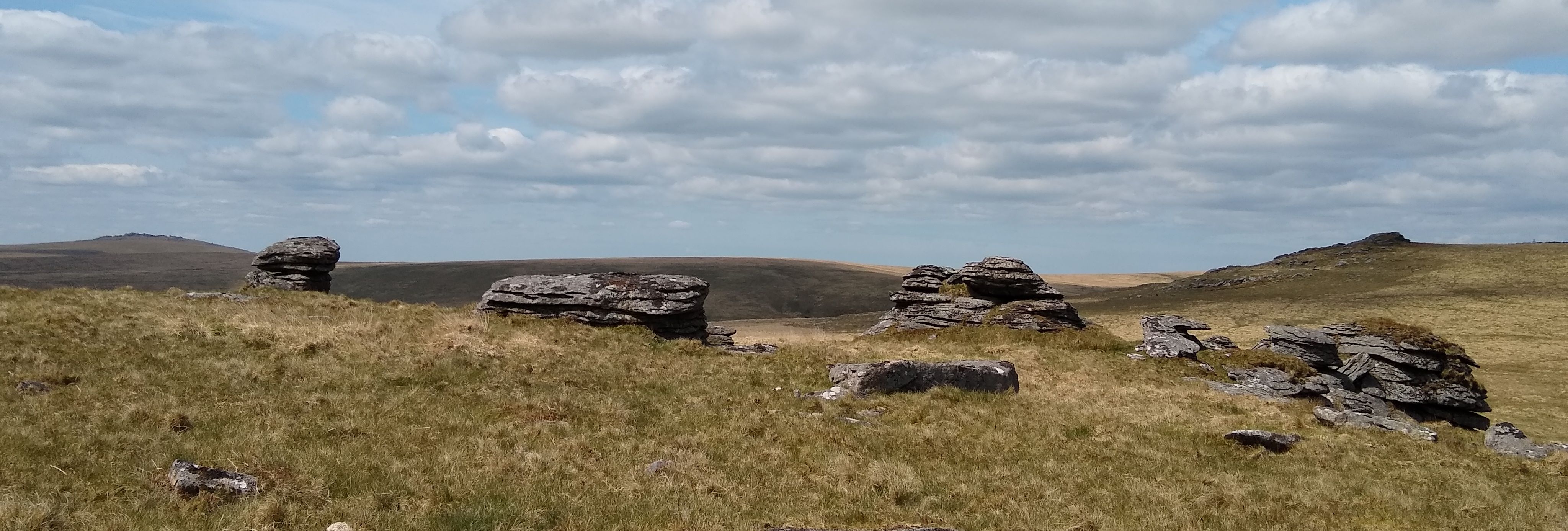 Rocky outcrop on grassy moorland under a blue sky with scattered clouds