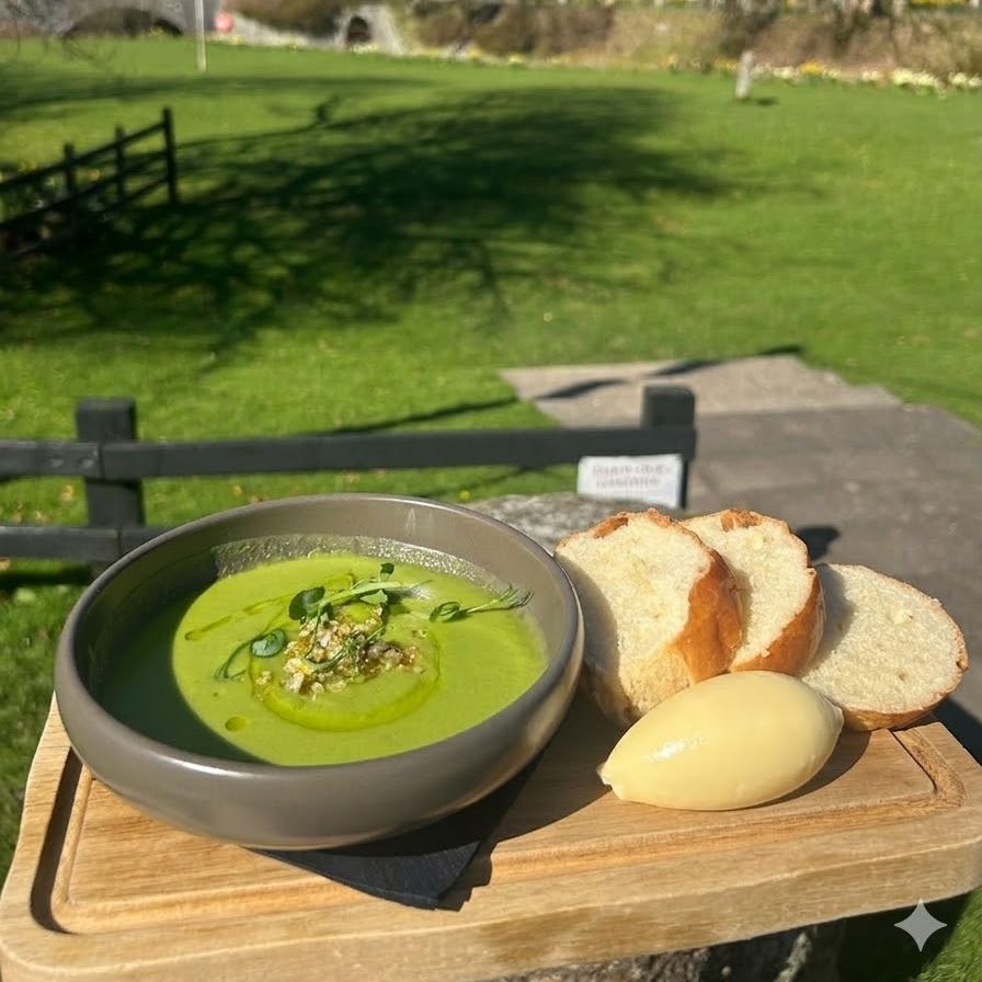 Bowl of green soup with bread and butter outdoors on a wooden tray