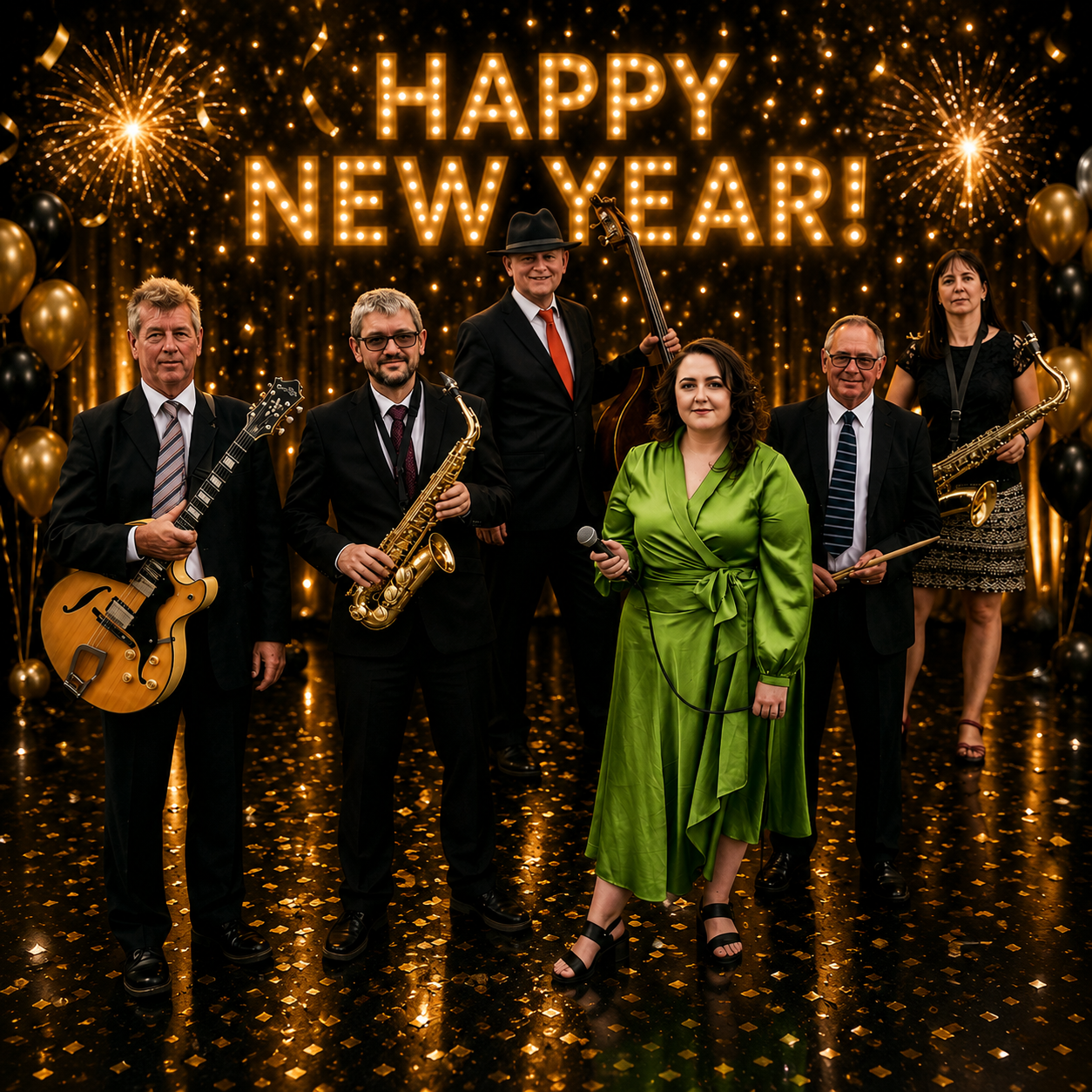 A band of six musicians dressed in formal wear, posing with instruments in front of a festive 'Happy New Year!' backdrop with golden lights, confetti, balloons, and fireworks.
