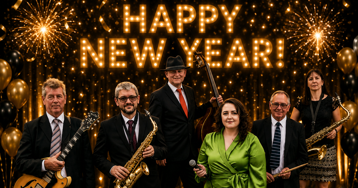 A band of six musicians dressed in formal wear, posing with instruments in front of a festive 'Happy New Year!' backdrop with golden lights, confetti, balloons, and fireworks.