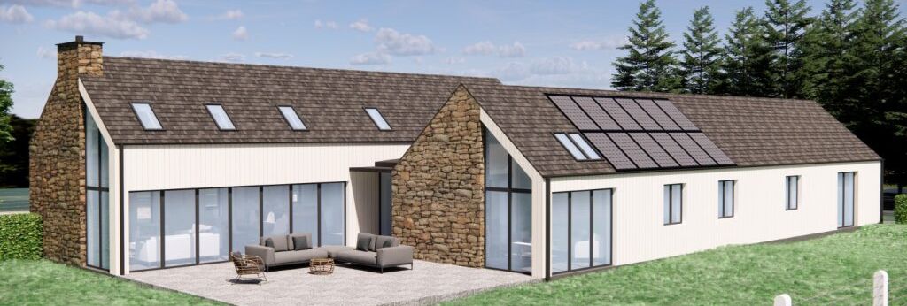 Modern single-story house with solar panels and large windows