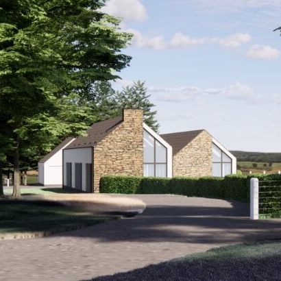 Modern stone house surrounded by trees and greenery
