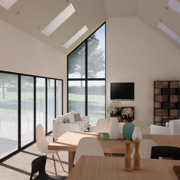 Modern living and dining room with floor-to-ceiling windows and vaulted ceiling with skylights