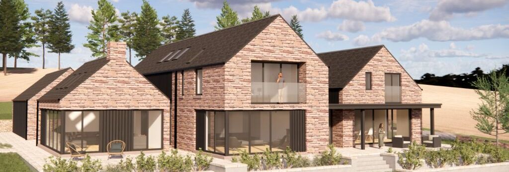 Modern house with stone exterior and large windows surrounded by greenery