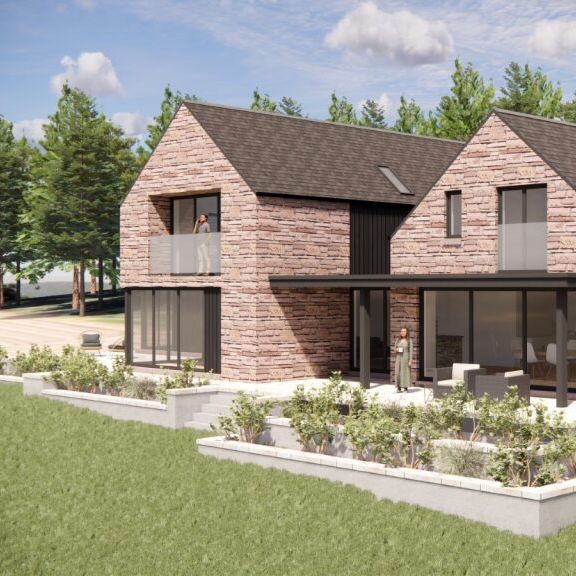 Modern two-story house with stone exterior and large windows, surrounded by greenery.