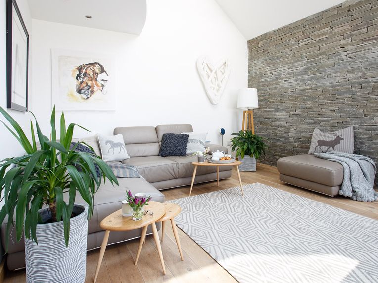 Modern living room with grey sofa, stone accent wall, indoor plants, and light decor