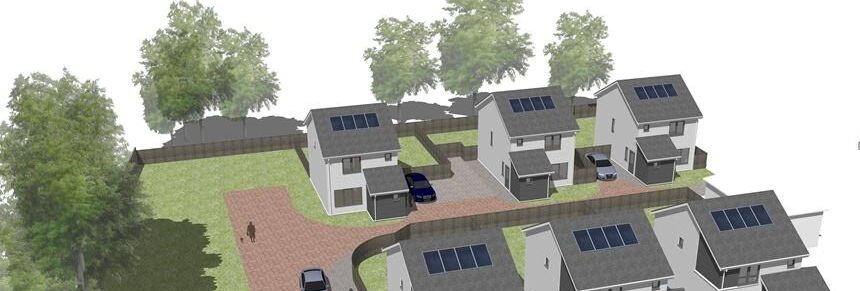 3D rendering of a small residential housing development with detached houses, solar panels on the roofs, cars in driveways, and green spaces.