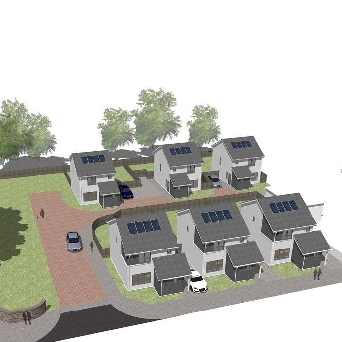 3D rendering of a small residential housing development with detached houses, solar panels on the roofs, cars in driveways, and green spaces.