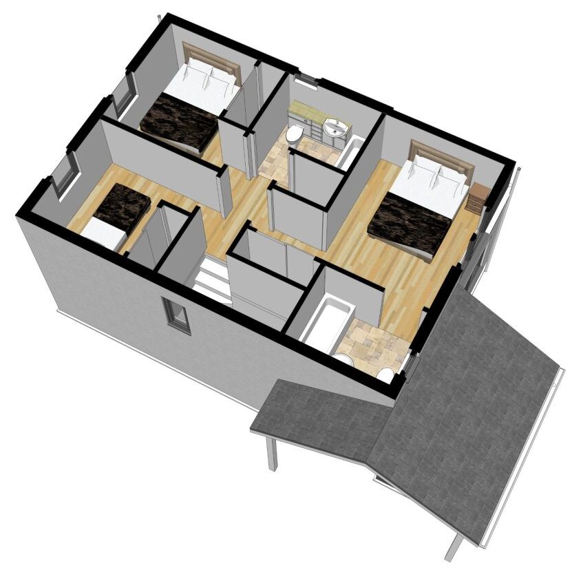 3D floor plan of a house showing bedrooms, bathrooms, and entrance
