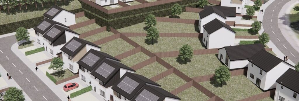 Aerial view of a modern suburban neighborhood with white houses, black roofs, and solar panels.