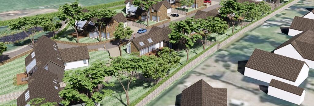 Aerial view of a residential housing development with multiple modern houses, green spaces, and trees.