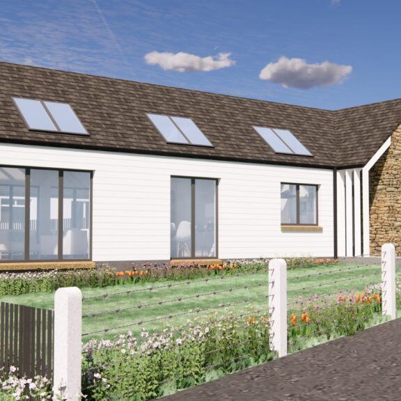 Modern single-story house with white siding, large windows, and stone accents, with a woman and child walking on the adjacent sidewalk.