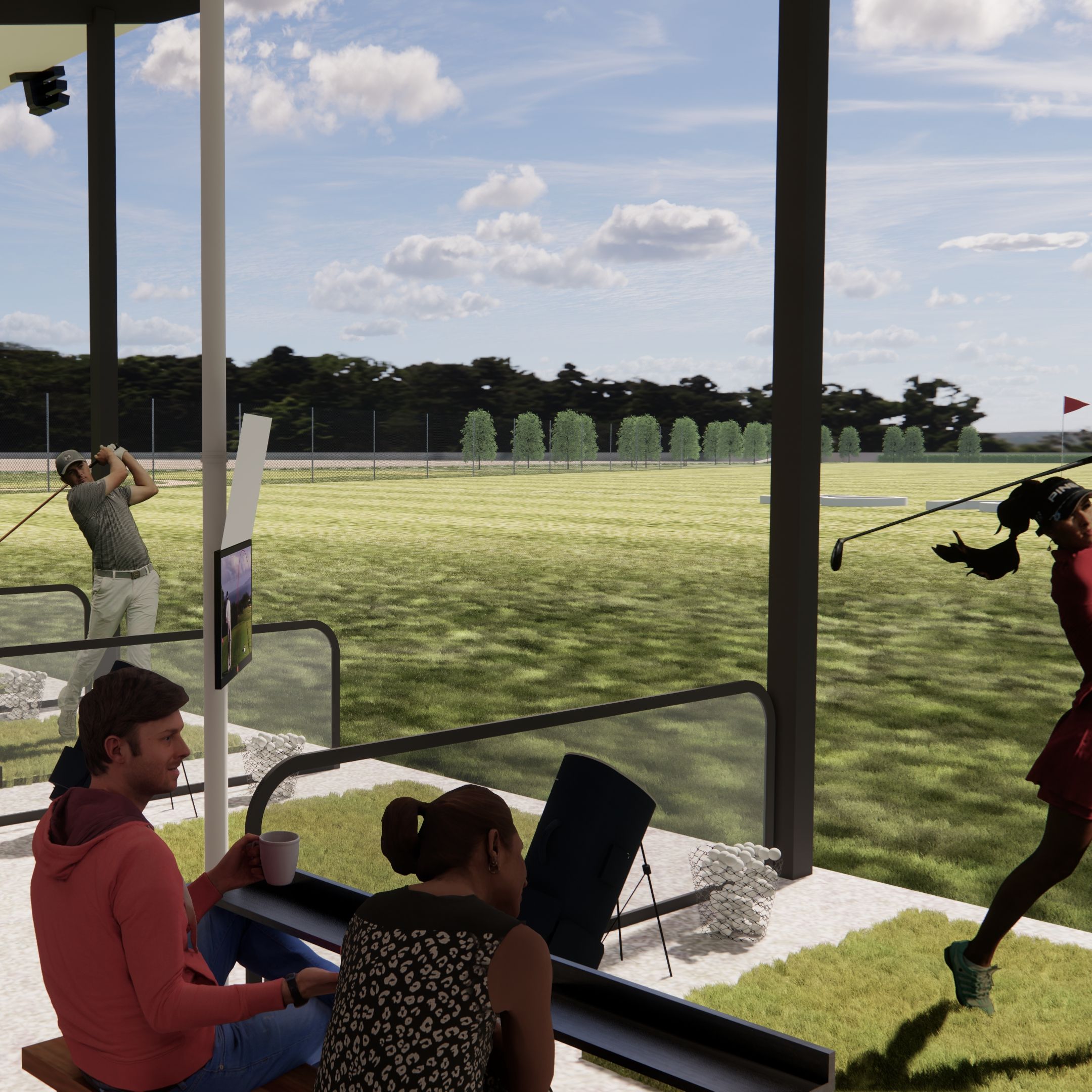 People practicing golf swings at a modern outdoor driving range.