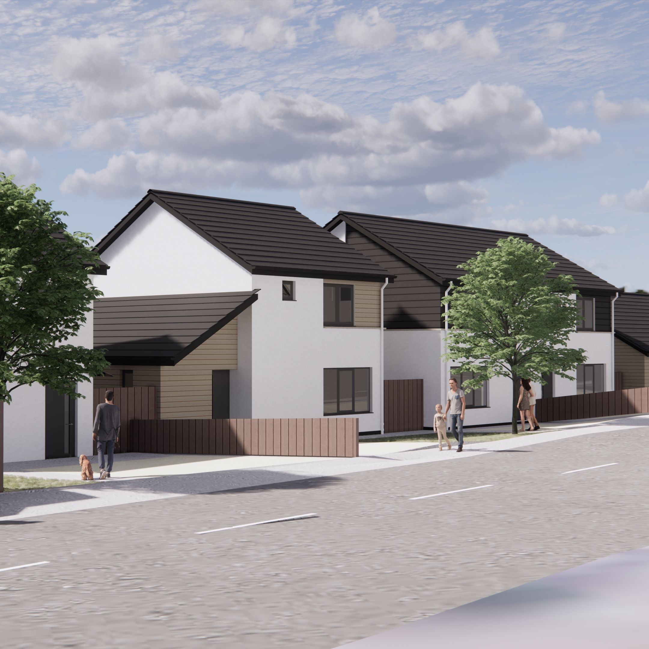 Modern residential street with detached houses, people walking, and trees lining the sidewalk.