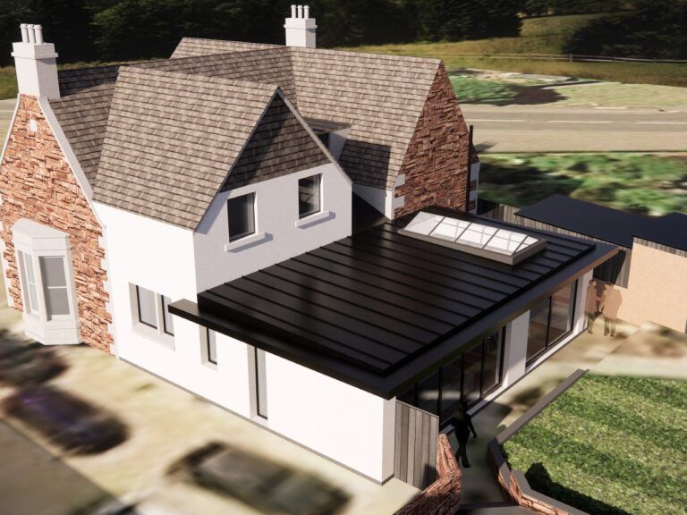 Aerial view of a house with a modern black-roofed extension