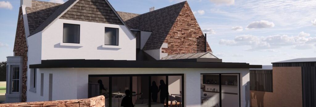 Modern house extension with large glass doors and stone wall