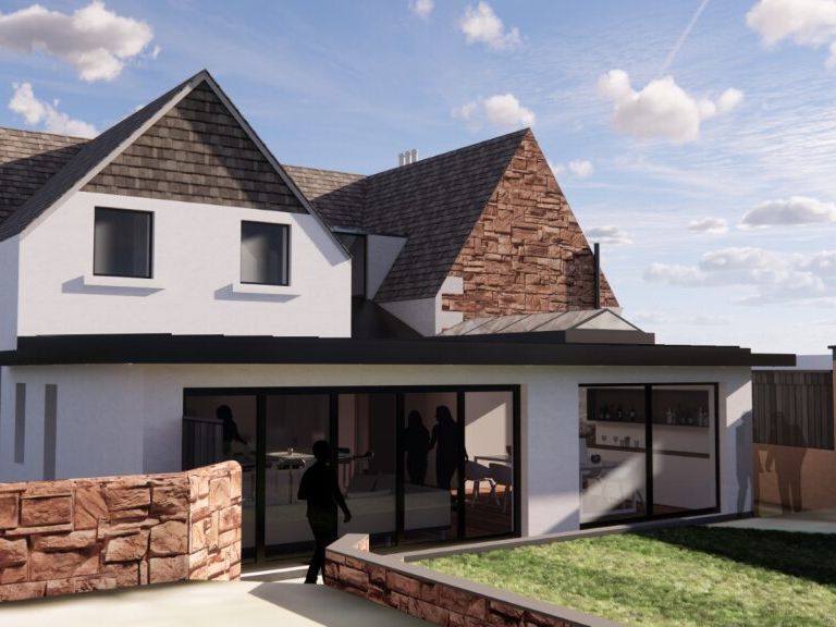 Modern house extension with large glass doors and stone wall