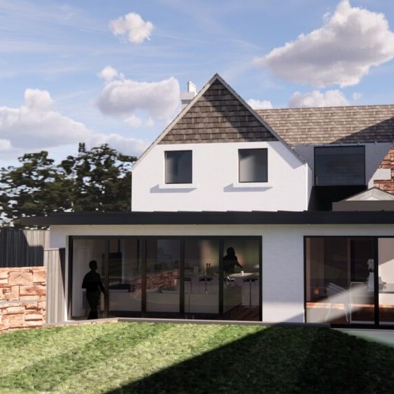 Modern house with stone and white plaster exterior, large glass doors, and a grassy backyard