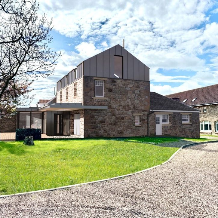 Modern stone house with metal roof extension, surrounded by green lawn and gravel driveway