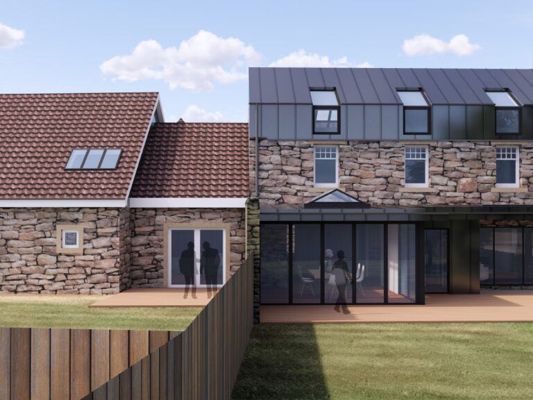 Modern stone house with large windows and a wooden deck