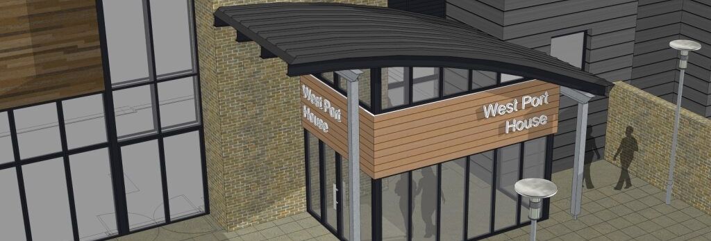 Modern building entrance with sign reading 'West Port House'