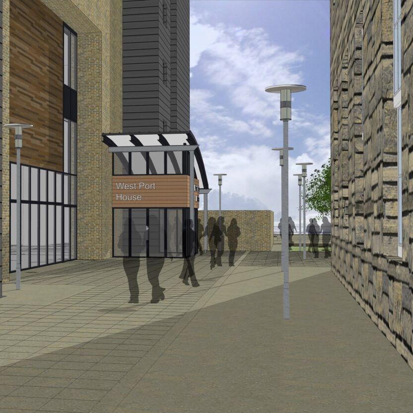 Architectural rendering of West Port House entrance with people walking around