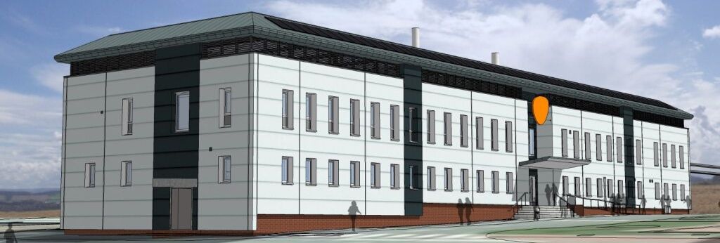 3D rendering of a modern two-story office building with a flat roof and white facade