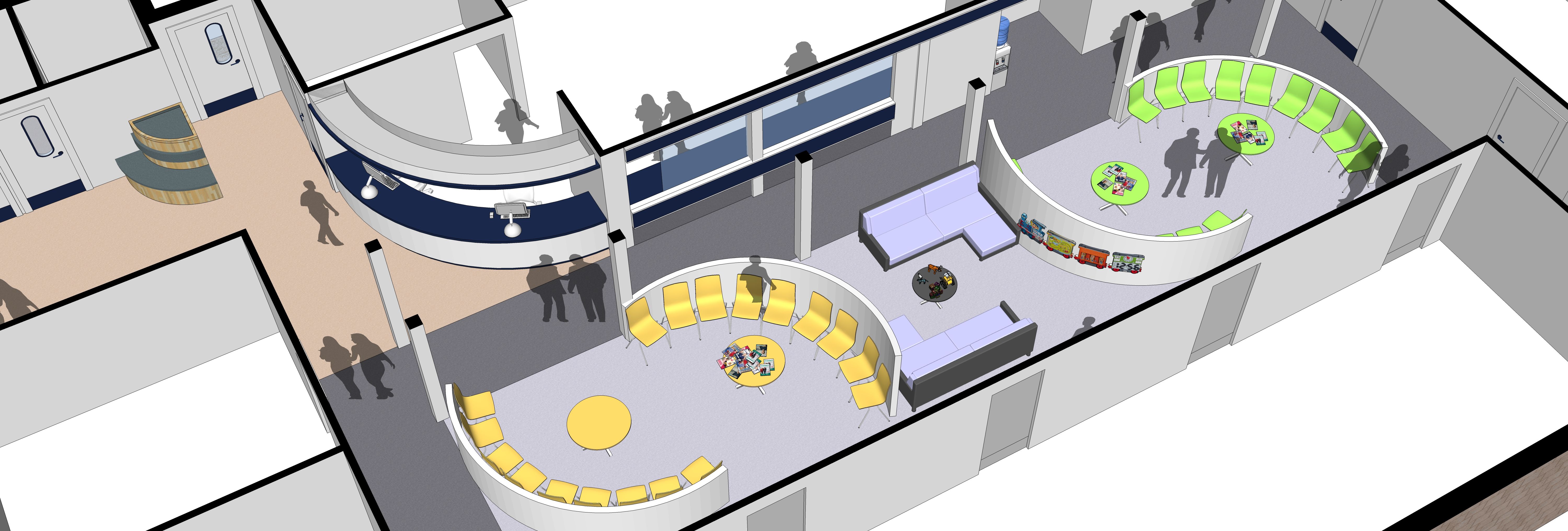 3D rendering of a modern office floor plan with curved seating areas and common spaces