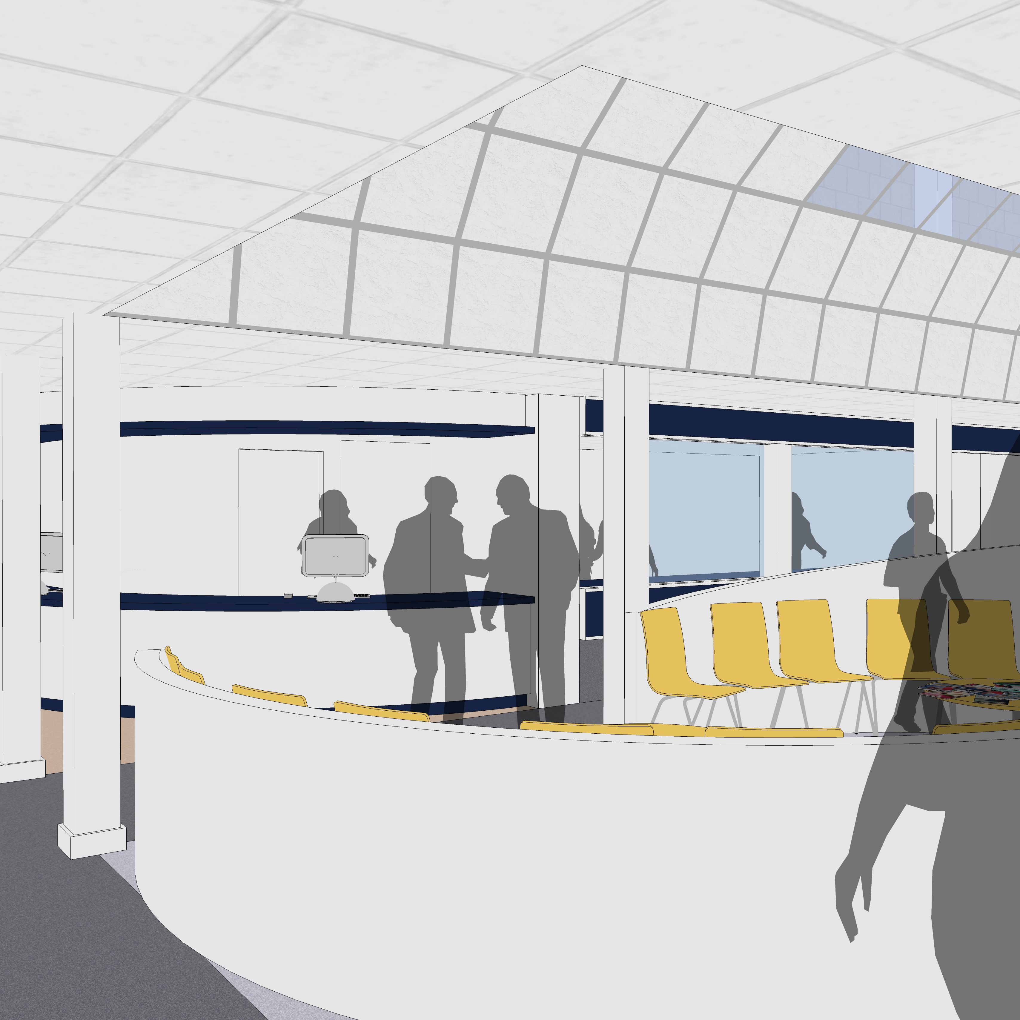Architectural rendering of a modern office waiting area with yellow chairs and several silhouette figures