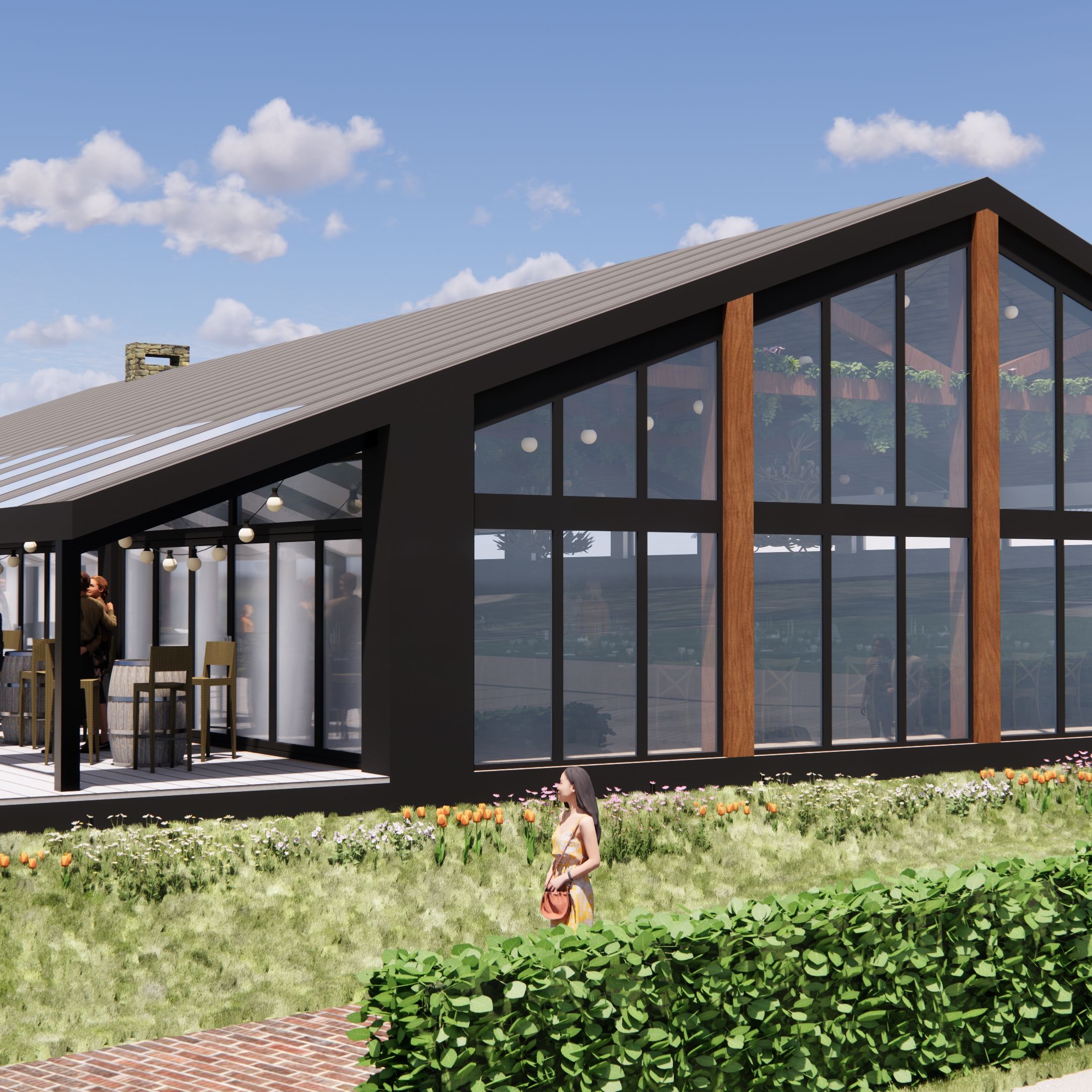 Modern greenhouse-style restaurant with people socializing on outdoor patio