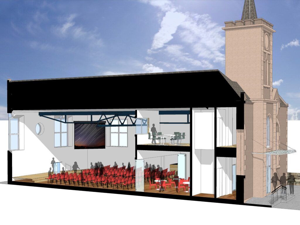 Architectural rendering of a church with a modern interior design and section view
