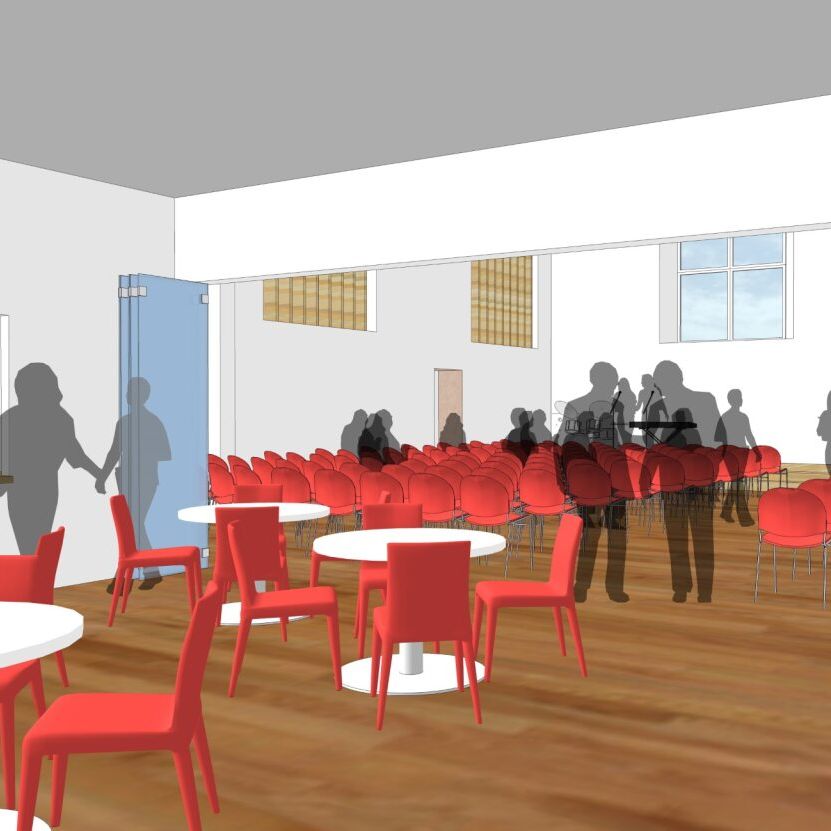 Rendering of a modern meeting or event space with red chairs and people silhouettes