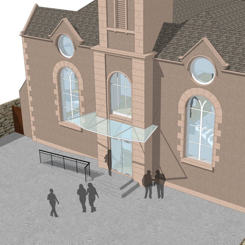 3D architectural rendering of a building with large arched windows, circular windows, and a glass canopy over the entrance.