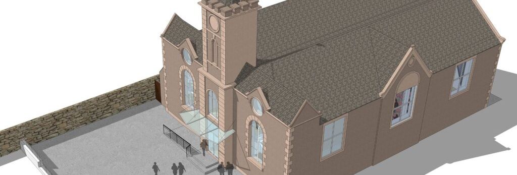 3D architectural rendering of a church with stone wall and people in front