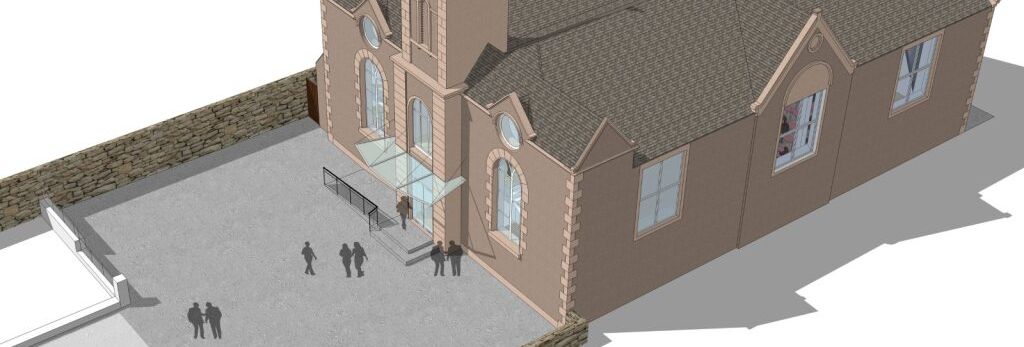 3D architectural rendering of a church with stone wall and people in front