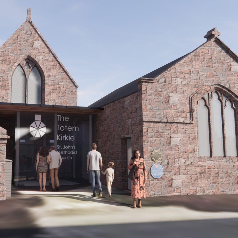 People entering The Totem Kirkie at St. John's Methodist Church
