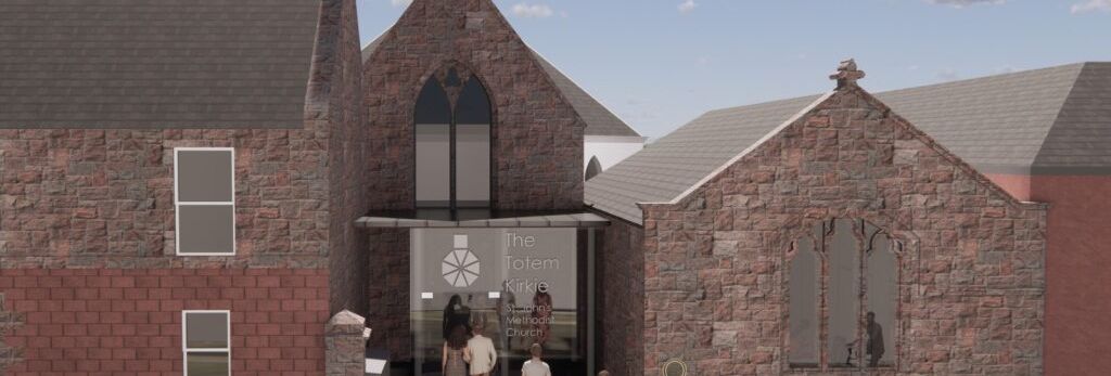 People entering a brick church building with a modern glass entryway.