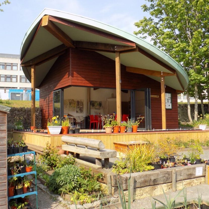 A modern wooden garden building with a curved roof, surrounded by plants and a shed.