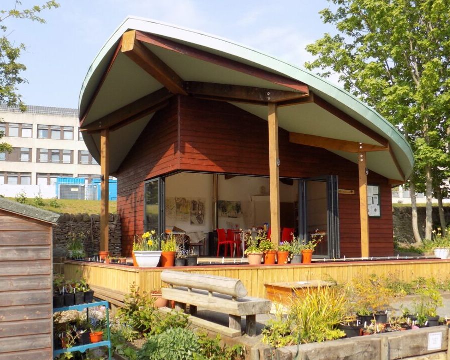 A modern wooden garden building with a curved roof, surrounded by plants and a shed.