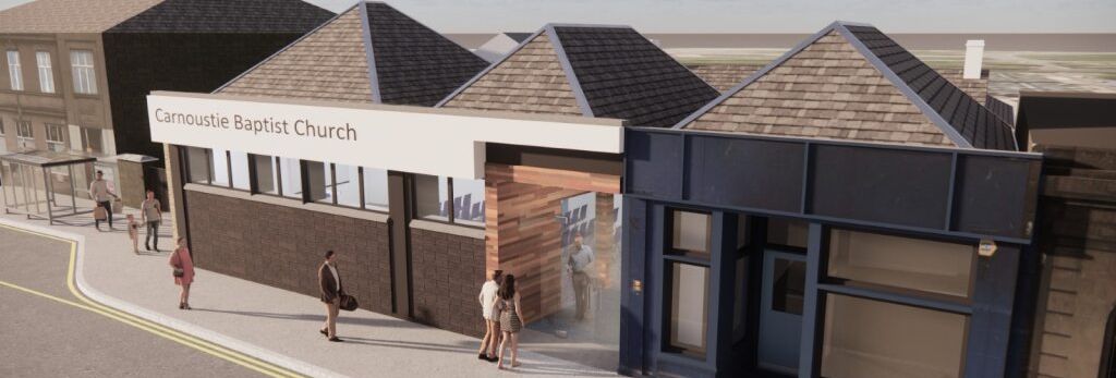 Carnoustie Baptist Church building exterior with people on sidewalk